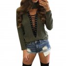 Sweater Tops Women Sexy V-Neck Bandage High Collar Hollow Out Green 2017 New Arrival Fashion WT72885