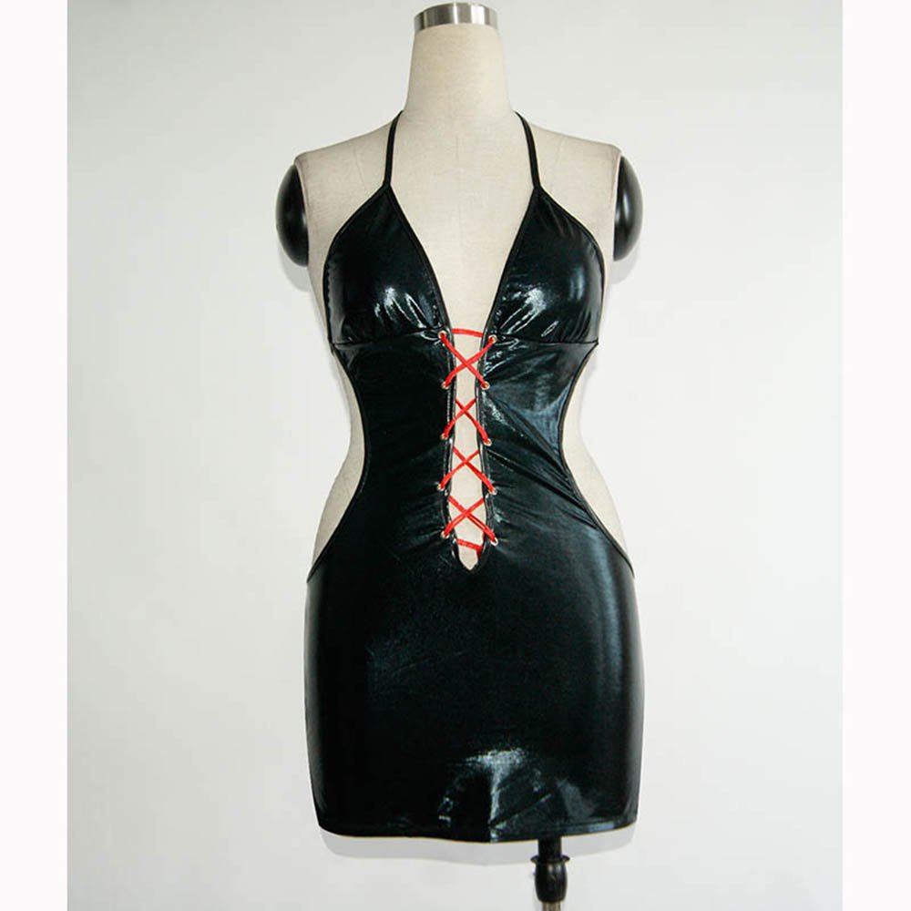 Sexy Backless Short Halter Backless Club Black Cheap Fashion Vinyl Leather Kleid Dress W7706