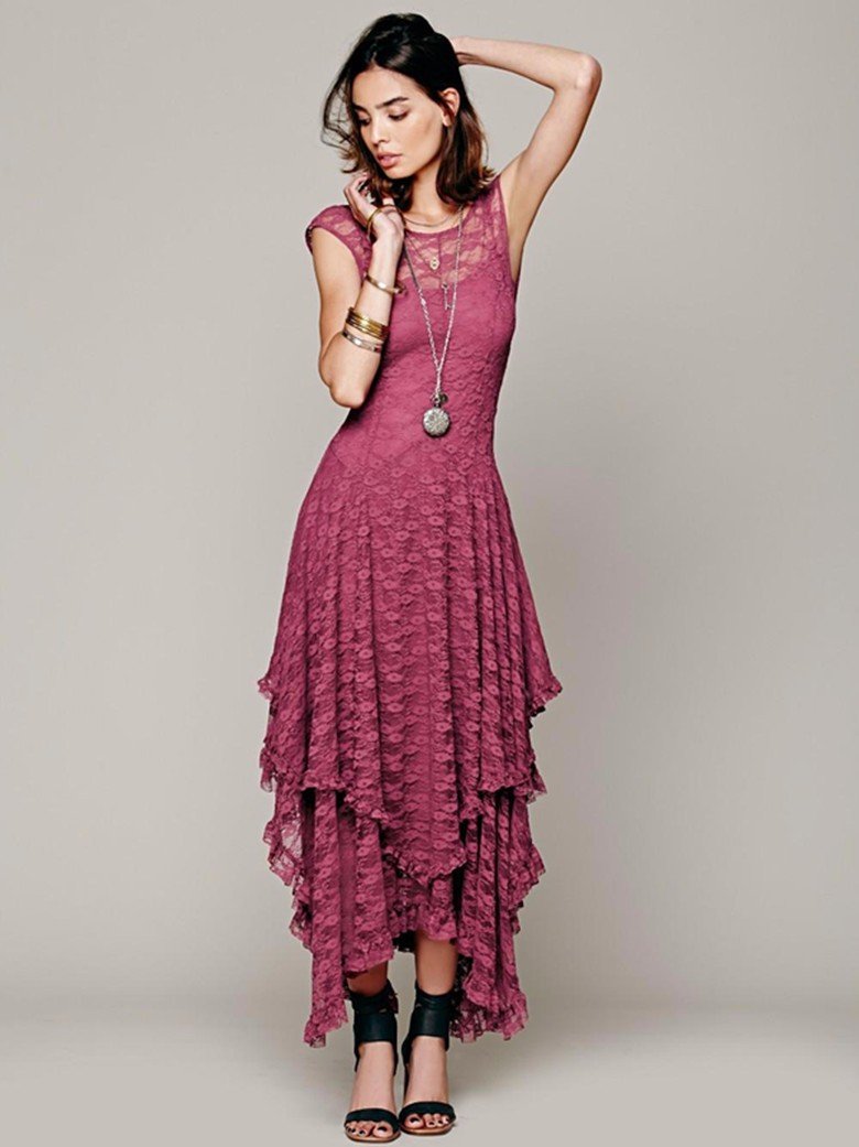 Hippie embroidery Sheer lace dresses double layered ruffled trimming ...