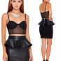 Women Black Peplum Pencil Skirt Short Mini Vinyl Leather High Waist Vintage Solid Sexy Skirt W7987