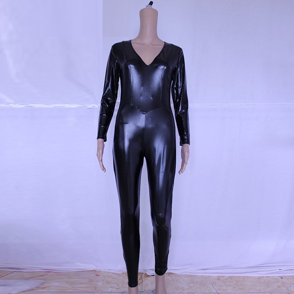 Faux Leather Reflectorized Paint Leather Stitching Sexy V neck Sexy Jumpsuit main image 0
