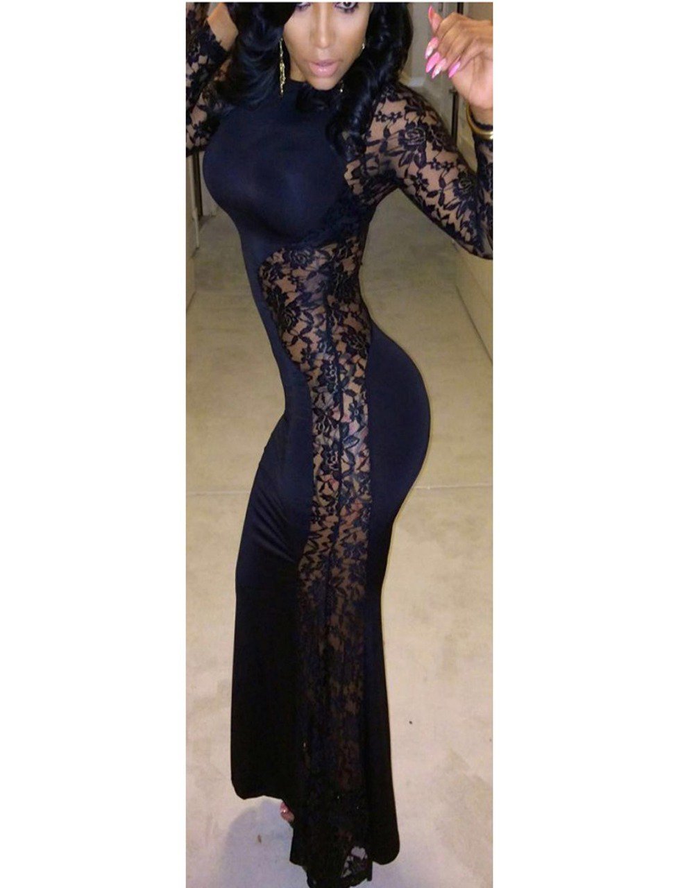 Womens Sexy Lace Patchwork Maxi Solid White Black Dress Long Sleeve Round Neck Vestidos W373985A