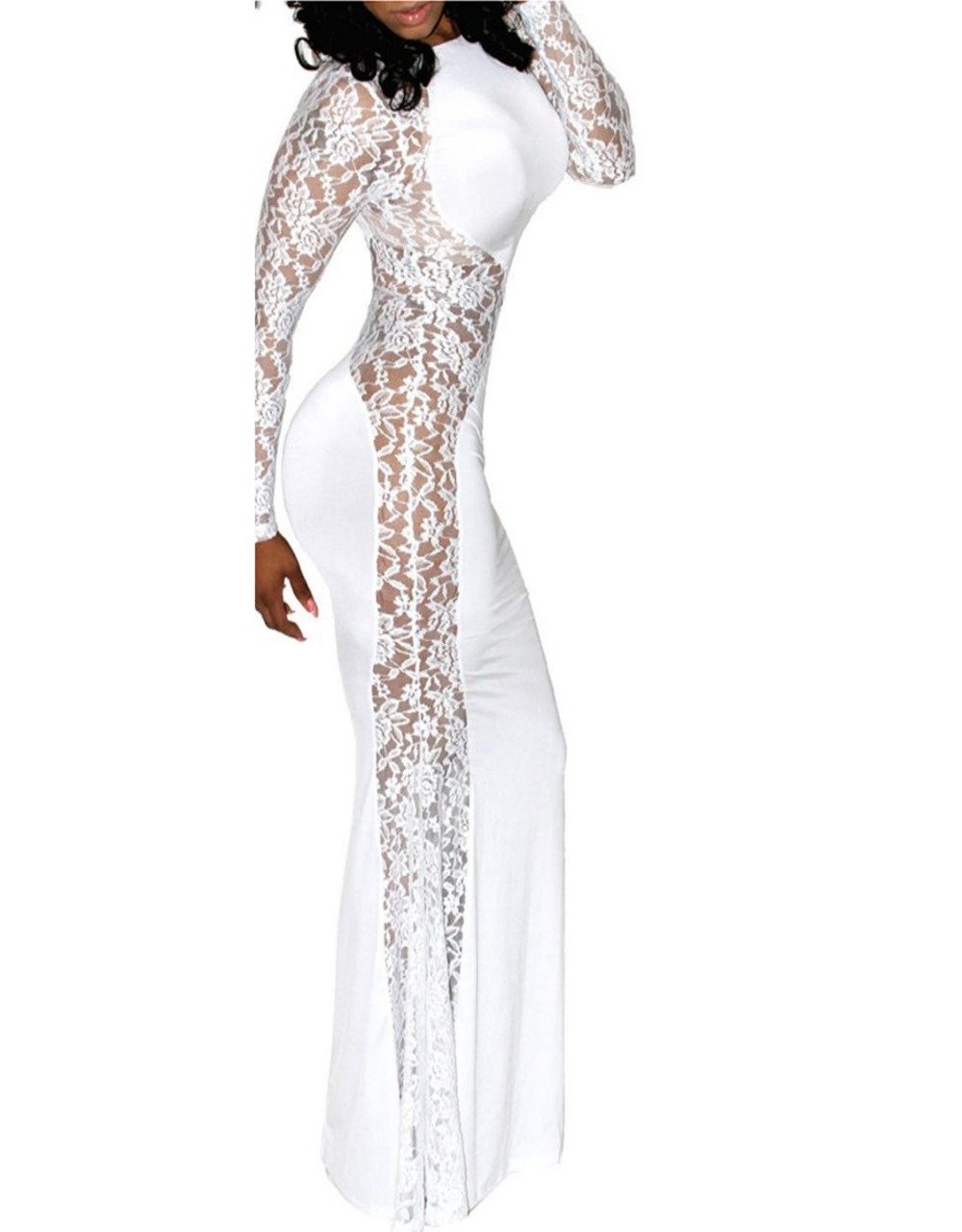 Womens Sexy Lace Patchwork Maxi Solid White Black Dress Long Sleeve Round Neck Vestidos W373985B