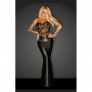 Sexy Black Faux Leather Dress Mesh Lace Floral Off Shoulder Slim Vinyl Night Club Vestido W870484