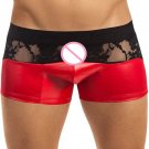 Men Leather Boxer Underwear Black Red Lace Hollow Out Patchwork Low Waist Vinyl W860804A