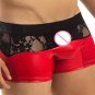 Men Leather Boxer Underwear Black Red Lace Hollow Out Patchwork Low Waist Vinyl W860804A
