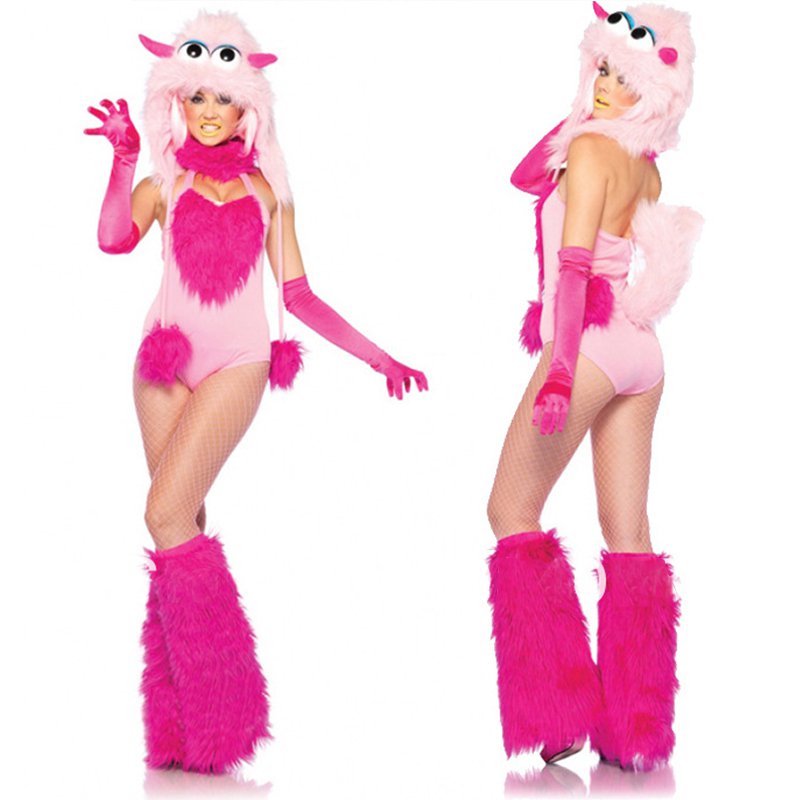 Lovely Cotton Candy Furry Monster Costume Adult Rose Novelty Halloween Cost...