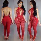 Sexy Red Skinny Clubwear Women's Elastane Blaze Sequin Jumpsuit Backless One Piece Bodysuit W126855A