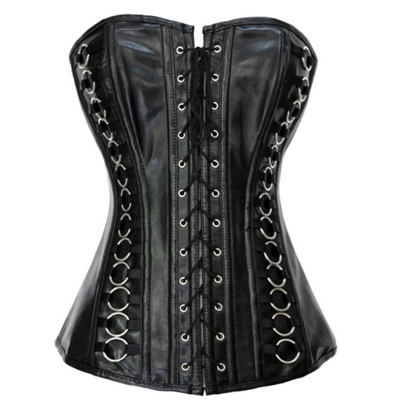 Sexy Black Spiral Steel Boned Steampunk Corset Vintage Leather Overbust