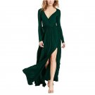 2017 Fashion Style V-Neck Furcal Dark Green Long Sleeve Wrap Maxi Dress WX10272B
