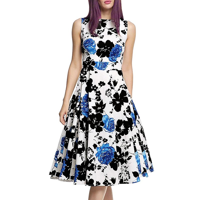 2017 Fashion Fresh White Dress Blue Flower Printed Floral Sleeveless