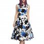 2017 Fashion Fresh White Dress Blue Flower Printed Floral Sleeveless Midi Dress WX00056O