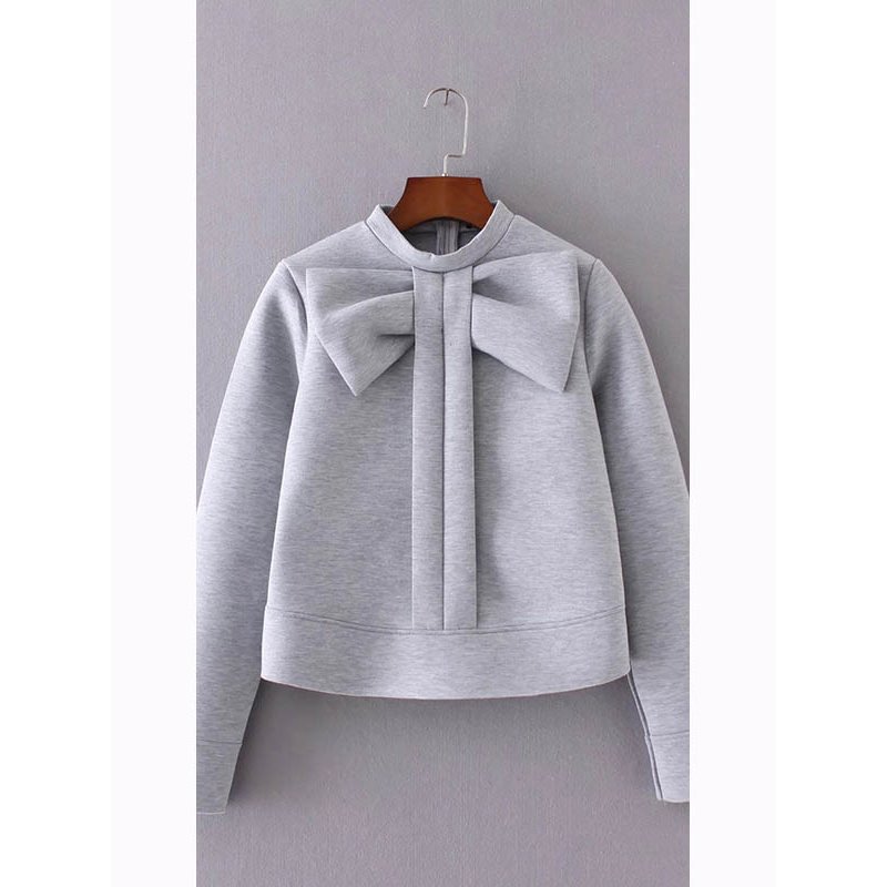 Gray Bow Embellished Sweater Collar Autumn Winter Pullovers Cute Women Long Sleeve Zippered WT32713
