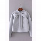 Gray Bow Embellished Sweater Collar Autumn Winter Pullovers Cute Women Long Sleeve Zippered WT32713