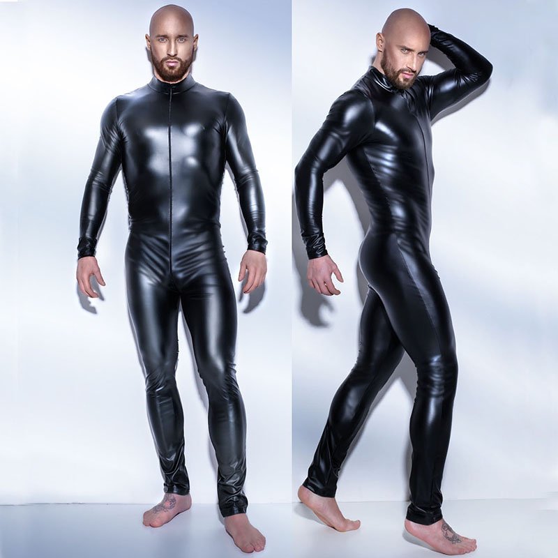 Male PVC Leather Bodysuit Long Jumpsuit Mens Fetish Latex Clubwear Catsuit Lingerie W930917