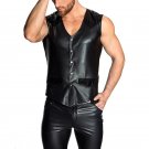 Sexy Punk Male Black Leather Single-Breasted V-Neck Tank Top Men Club Erotic Costume W930938