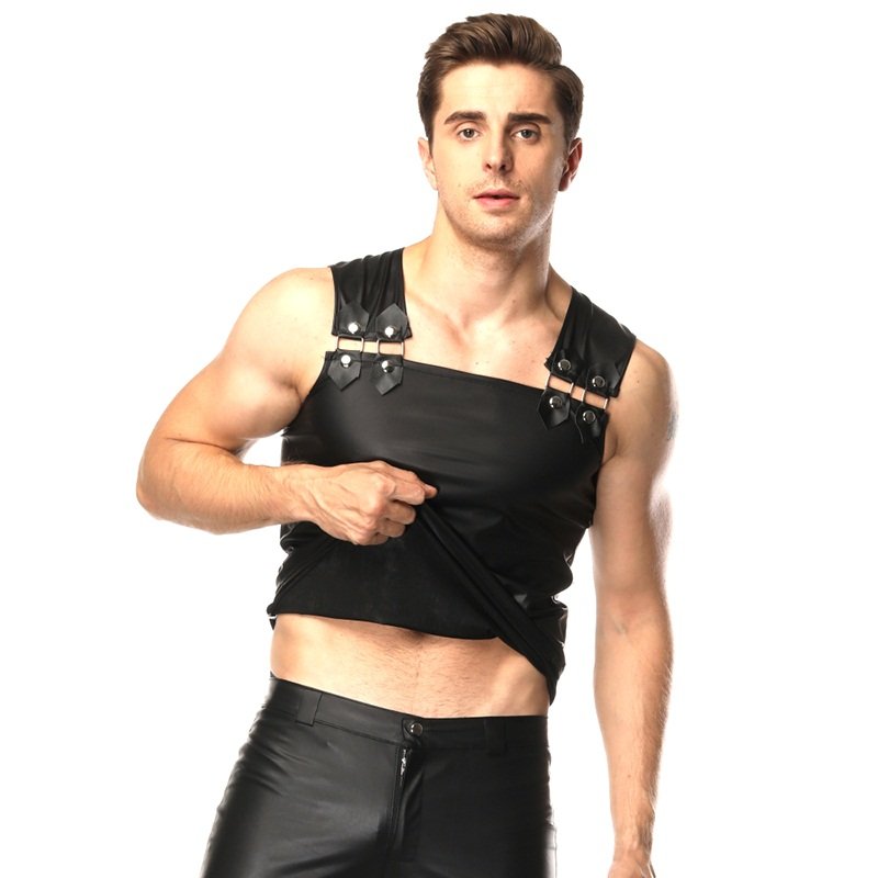 Sexy Punk Male Black Leather Faux Tank Top Men Club Erotic Costume W930943