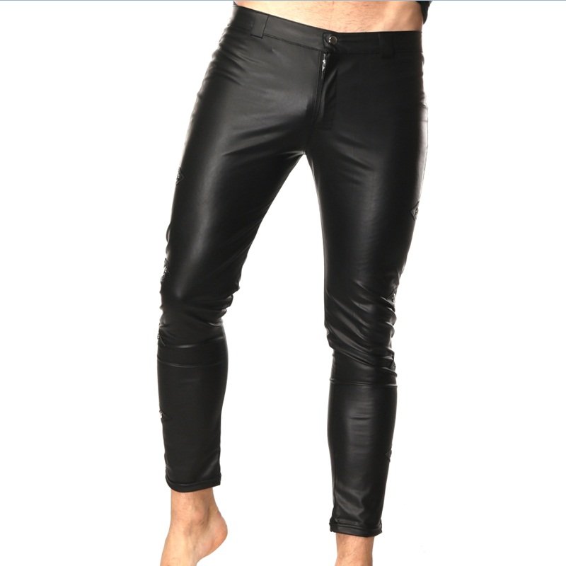 Sexy Punk Men's Faux Leather Long Pants Nightclub Stage Skinny Bodywear Trousers W930944