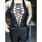 Women Black Lace up Leather Bodycon jumpsuits Sleeves Backless Sexy Clubwear Bodysuit W931087