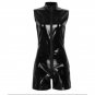 Women Black Shiny Leather jumpsuits Zipper Stand Collar Sleeveless Clubwear Bodysuit W931098