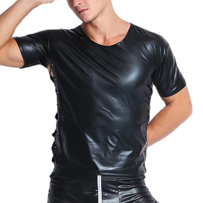 Rock Men Black Latex Leather Two Side Lace Up T Shirt Clubwear Summer ...