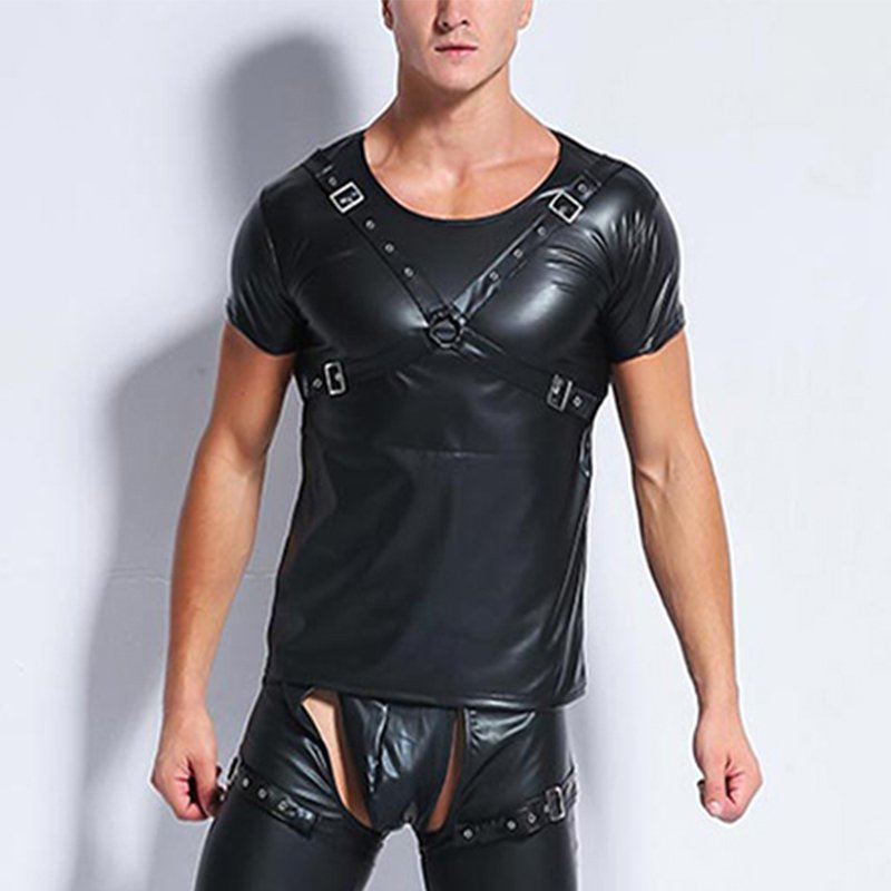 Rock Mens Faux Leather T-shirt Short Sleeves Gothic Fetish Clubwear Tee W926718