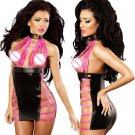 Faux Leather Bandage Hollow Out Erotic Bodysuit Ladies Halter High Waist Mini Dress WT78041