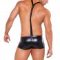 Men’s Black Faux Leather Bodysuit Short Jockstrap with Belt Erotic Jumpsuit W930936