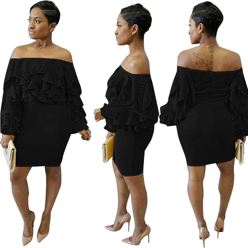 2018 Black Solid Off Shoulder Ruffle Long Sleeve Bodycon Mini Party Dress W650747