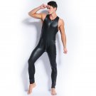 Black Leather Long Jumpsuit Men Sleeveless Front Zipper Night Clubwear Catsuit W926731A