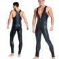 Black Leather Long Jumpsuit Men Sleeveless Front Zipper Night Clubwear Catsuit W926731A