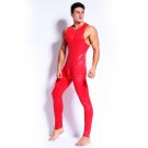 Red Leather Long Jumpsuit Men Sleeveless Front Zipper Night Clubwear Catsuit W926731B