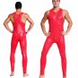 Red Leather Long Jumpsuit Men Sleeveless Front Zipper Night Clubwear Catsuit W926731B