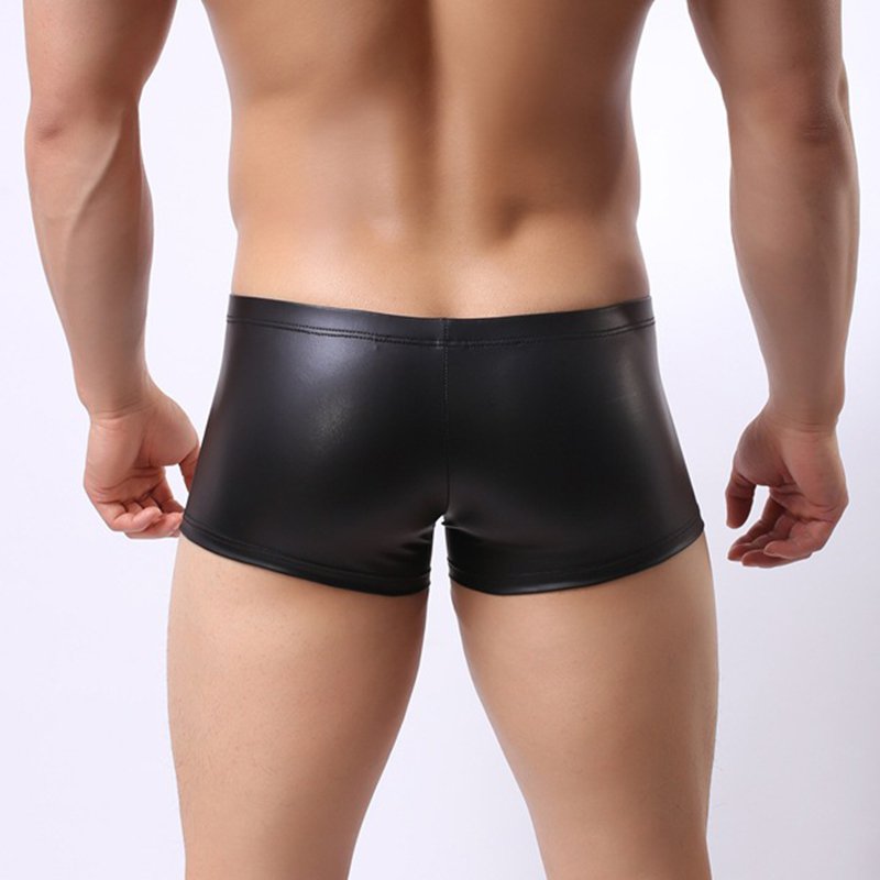 Men Sexy Underwear Boxers Black Faux Leather Gay Shorts Night Clubwear