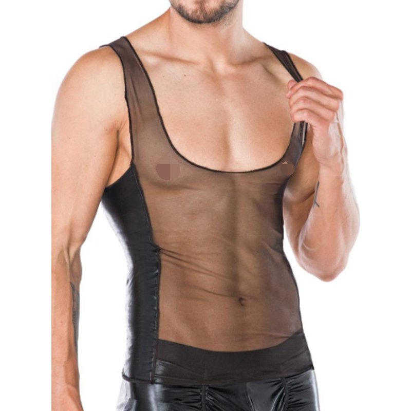 Men Black Sexy Leather Mesh Patchwork Transparent Tank Top Gay Clubwear W930950le Costume W926727