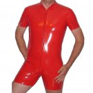 2XL Male Sexy Wetlook Vinyl Leather Red Zip to Crotch Club Wear Catsuit W880450B