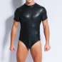 4XL Men Fetish Faux Leather Short Sleeve Club Wear Teddy Lingerie Bodysuit W926664