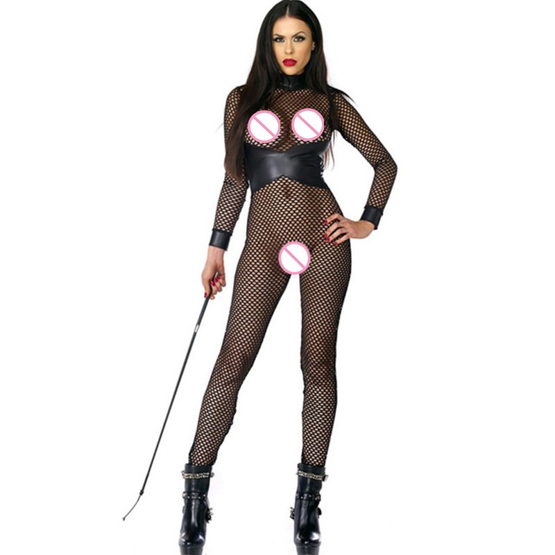 Women Black Mesh Leather Patchwork Fishnet Transparent Long Jumpsuit W861279