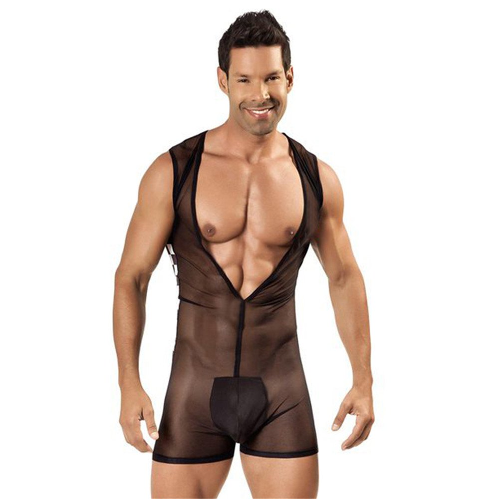 Men Black Erotic Deep V Neck Sheer Mesh See Through Bodysuit W860803
