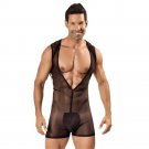 Men Black Erotic Deep V Neck Sheer Mesh See Through Bodysuit W860803