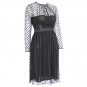 Black Polka Dot Sheer Mesh Long Sleeve Sexy Transparet Midi Lace Net Yarn Dress W850449