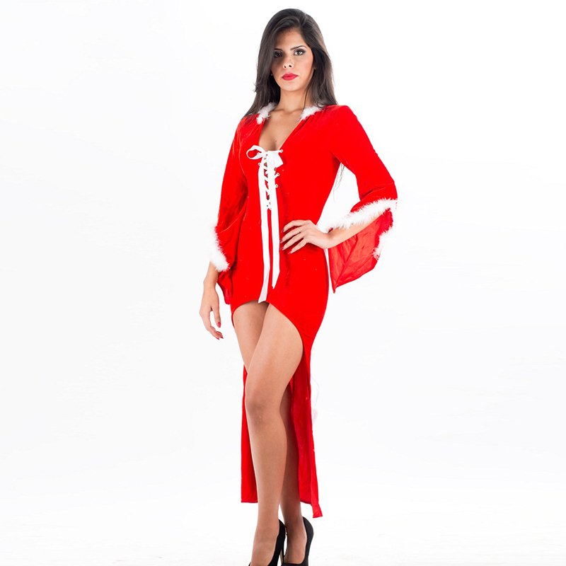Women Winter Long sleeve Short Front Back Long Christmas Lingerie Sexy Fancy Dress W4077