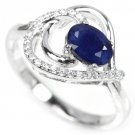 Genuine 1.27 carat Deep Blue Sapphire Diamond Solid Silver Heart Engagement Ring Valentines