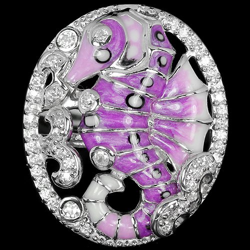 Charming Seahorse Enamel Simulated Diamonds 14K Gold Coating Solid Sterling Silver Statement Ring
