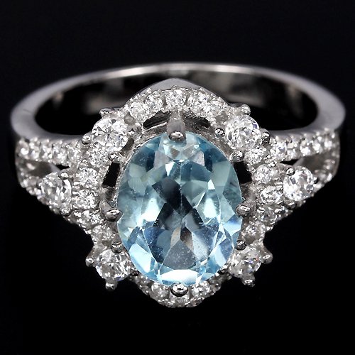 Ladies 2.5 carat Blue Topaz Simulated Diamonds Solid Sterling Silver Engagement Halo Ring Valentines