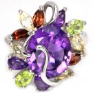 Ladies Large 4.5 carat Purple Amethyst Citrine Peridot Garnet Solid Silver Dress Ring Valentines