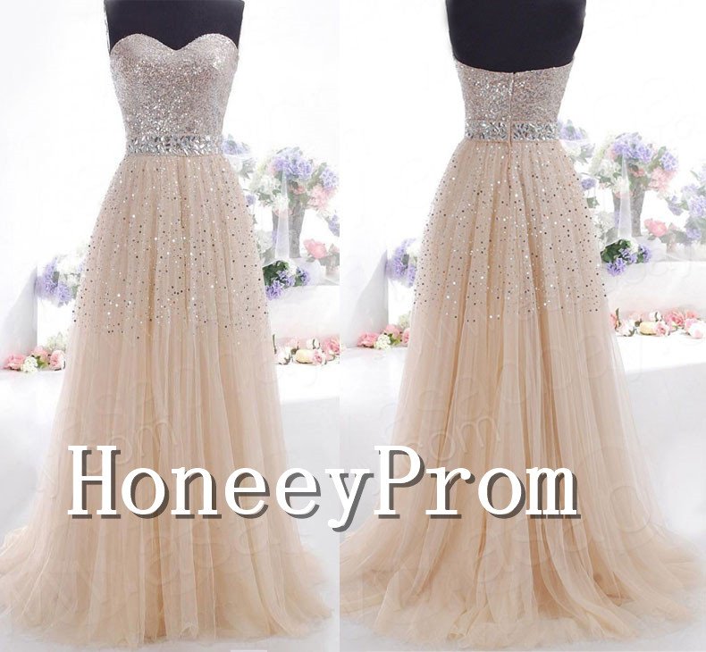 Strapless A-Line Sequined Prom Dresses, Dresses for Prom