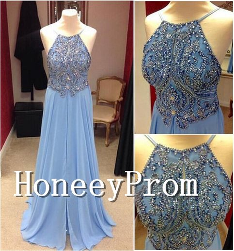 Spaghetti Straps A-Line Beaded Prom Dresses, Dresses for Prom
