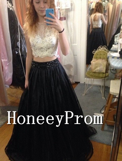 Two Piece Sleeveless A-Line Prom Dresses, Dresses for Prom