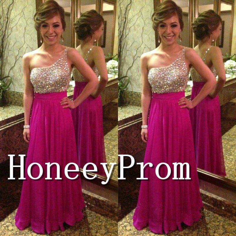 One Shoulder Beaded A-Line Prom Dresses, Dresses for Prom
